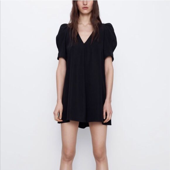 Zara Women Black Short Puff Sleeves Short Mini Dress Flowy V Neck XS - Picture 2 of 14